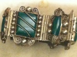 Fabulous Antique Carved Green Jades & Sterling Silver Bracelet