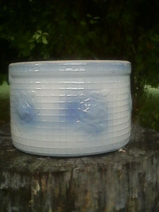Antique Stoneware Butter Crock/rose And Trellis Pattern/blue And White
