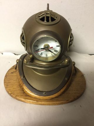Rare Scuba Diving Helmet Ship Brass And Copper Quartz Clock Solid Oak Base