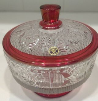 Vintage Westmoreland Sandwich Glass Clear Red Footed Candy Dish Covered W/lid
