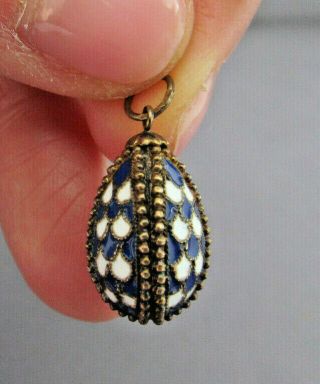 Antique Art Deco Sterling Blue White Enamel Guilloche Faberge Egg Pendant Charm