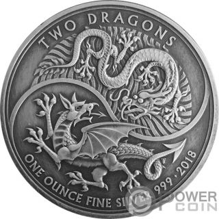 Two Dragons Antique Finish 1 Oz Silver Coin 2£ United Kingdom 2018
