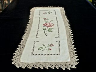 Vintage Hand Crochet And Embroidered White Linen Table Runner C 1960 