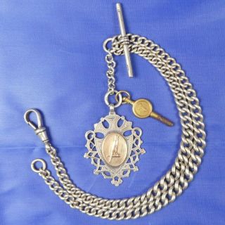 (a2) Antique Silver Double Albert Watch Chain,  Bird Fob Medal & Watch Key