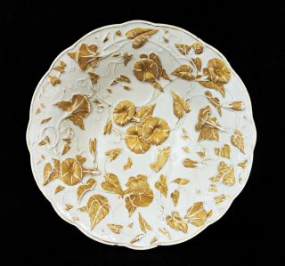 Lge Antique Meissen Porcelain Dish,  Embossed Flowers,  1st Quality,  Gilt,  11 1/4 "