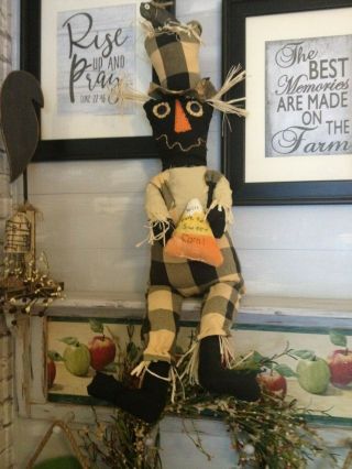 Primitive Halloween Fall Black Scare Crow Doll With His Candy Corn & Crow Decoro
