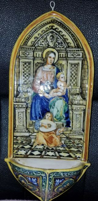 Antique Italian Majolica Religious Holy Water Font Angel