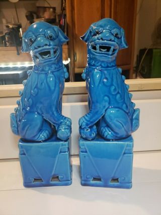 Vintage Chinese Porcelain Turquoise Foo Dogs - A Pair 10”
