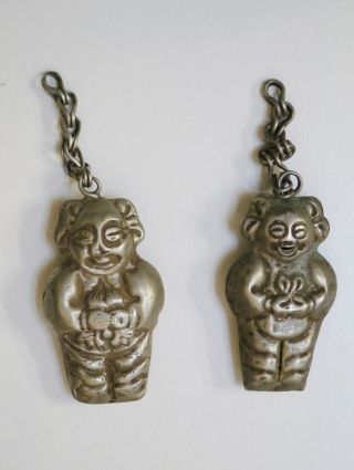 2 Antique Chinese Qing Dynasty Silver Talismen Or Amulets,  Boy W/ Lotus