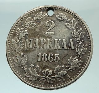 1865 Finland Crown Shield Antique Silver 2 Markkaa Finnish Coin I76534