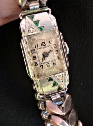 Antique ETON WATCH CO.  Women’s Watch.  14K Case 17 Jewels SWISS,  Emerald Chips 2