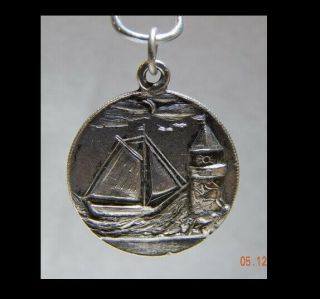 Antique Coin Silver Love Token Hand Etched Lighthouse & Sailboat No - Res