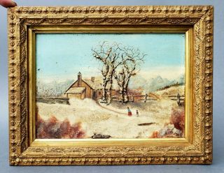 Antique Victorian Primitive Oil Painting Board Winter Scene 3 - Dimensional Tree