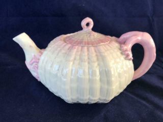Fine Antique Belleek Porcelain Tridacna Pink Teapot 2nd Black Mark.  C1890.