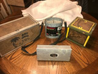 Vintage Fishing Bait Boxes & Minnow Can Bait Oasis,  Canteen,  Umco,  & Frabill Can
