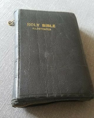 Antique Holy Bible - Leather - Cross Zipper Cover - World Publishing - Illustrated - Kjv