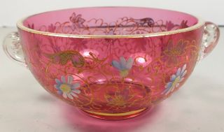 Antique Moser Cranberry Glass Bowl W Enamel Decoration & Applied Crystal Handles