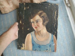 Old Antique Art Deco Oil Painting Portrait Of A Girl Lady 1930s For Repair