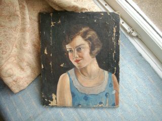 Old Antique Art Deco Oil Painting Portrait of A Girl Lady 1930s for repair 2
