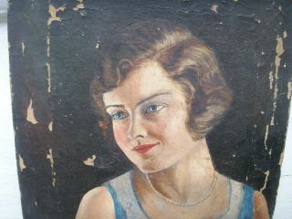 Old Antique Art Deco Oil Painting Portrait of A Girl Lady 1930s for repair 4