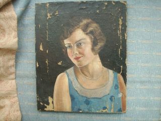 Old Antique Art Deco Oil Painting Portrait of A Girl Lady 1930s for repair 5