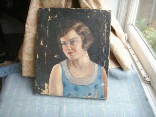 Old Antique Art Deco Oil Painting Portrait of A Girl Lady 1930s for repair 6