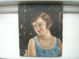 Old Antique Art Deco Oil Painting Portrait of A Girl Lady 1930s for repair 7