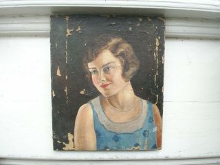 Old Antique Art Deco Oil Painting Portrait of A Girl Lady 1930s for repair 8