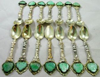 Set Of 14 Chinese Export Sterling Silver Guang Li Jade Buddha Demitasse Spoons