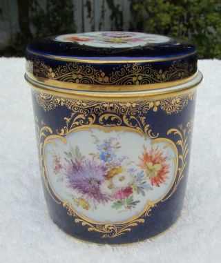 Exquisite Antique 19thc Meissen Cobalt Porcelain Box / Pot - Hand Painted