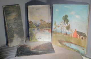 4 Antique 1800’s Folk Art Hudson River Style Oil Paintings Naïve Landscape