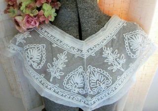 Large Antique Hand Stitched Embroidered Net Lace Collar Scarf Fichu