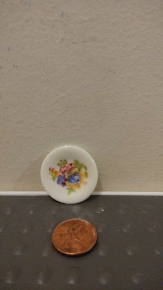 Vintage Ceramic Collector Plate Dollhouse Miniature Painted Flowers 1 " Wide