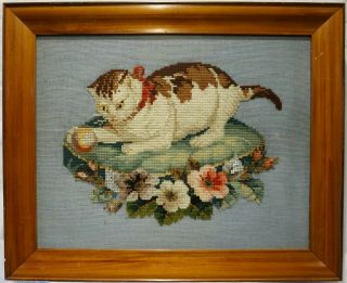 Late 19th Century Needlepoint Of A Playful Kitten On A Cushion - C.  1890