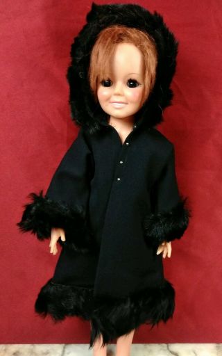 Vintage Ideal Crissy Grow Hair Doll Black Fur Lined Hooded Coat - Near