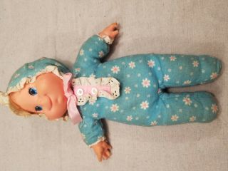 Vintage 1970 Mattel Baby Beans Talking Doll Pull String Blue Clothes.