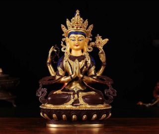 8 " Asian Antique Tibetan Buddhism Copper Gilt Shadakshari Avalokitesvara Statue