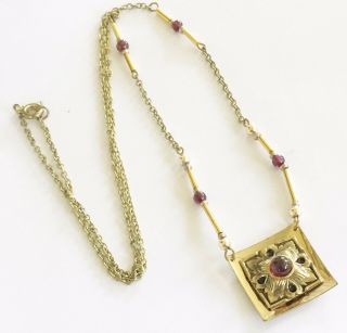 Antique Victorian Bohemian Garnet Fleur De Lis Pendant Necklace Gold Filled