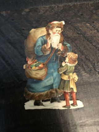 Small Detailed German Victorian Antique Santa Claus Christmas Die Cut Blue Coat