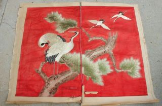 Antique Chinese Silk Embroidery Panel Longevity Cranes