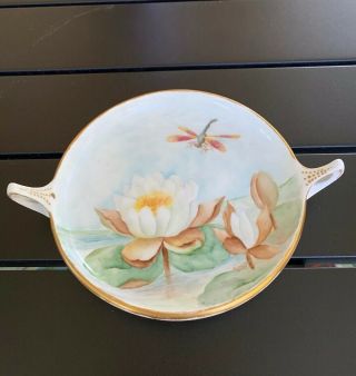 Antique Water Lily Dragonfly Donatello Bavaria Handled Dish Hand Painted