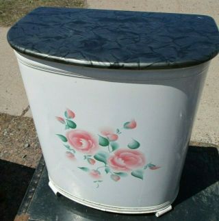 Vintage Mid Century Pearl Wick Pearlwick Basket Hamper Laundry Metal Floral