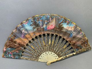 Antique Victorian Handmade Hand Painted Gold Leaf Silver Inlay Carved Fan