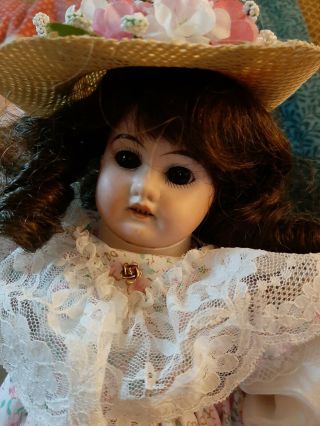 Antique 14 - Inch German Bisque Head Doll In Adorable Flowered Dress & Hat