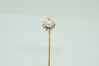 Antique 14k White Gold Single Pearl Stick Pin With Yellow Gold Stem.