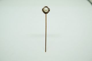Antique 14k white gold single pearl stick pin with yellow gold stem. 2