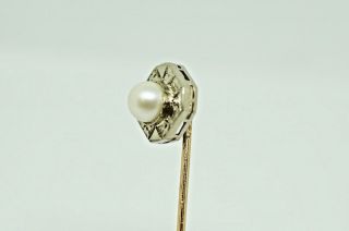 Antique 14k white gold single pearl stick pin with yellow gold stem. 3