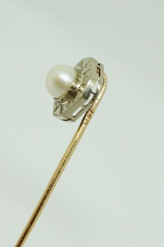 Antique 14k white gold single pearl stick pin with yellow gold stem. 7