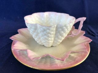 Antique Belleek Porcelain Pink Cup,  Saucer & Plate.  2 2nd Black Mark.  C1890.
