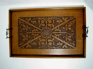 Antique Serving Tray Arts & Craft Pugin Nouveau Carved Oak Large Butlers